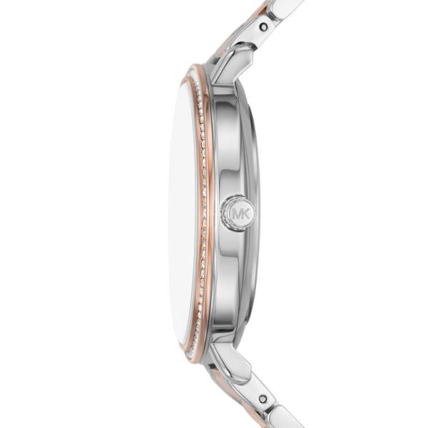 Two-tone stainless watch case with rose-gold bezel stones and crown, side view