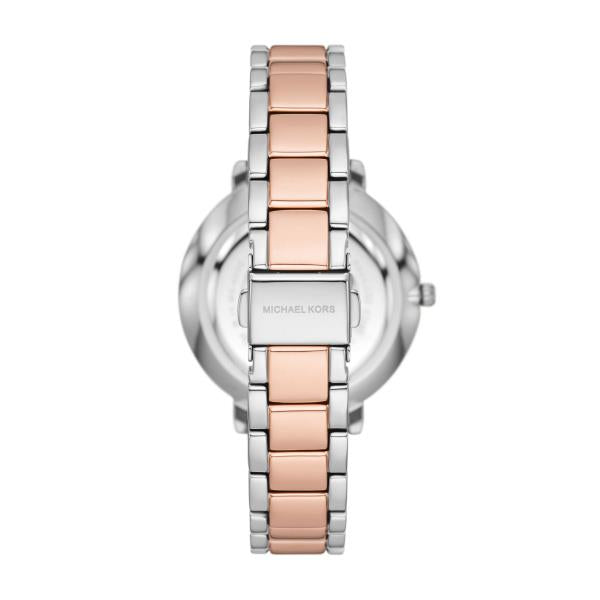 Two-tone stainless watch with pink center bracelet links, close-up angle