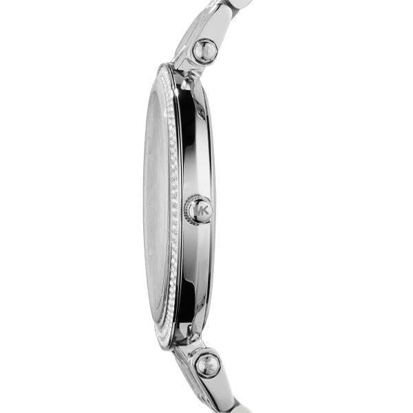 Silver ladies steel watch with round case and bracelet, viewed from the side