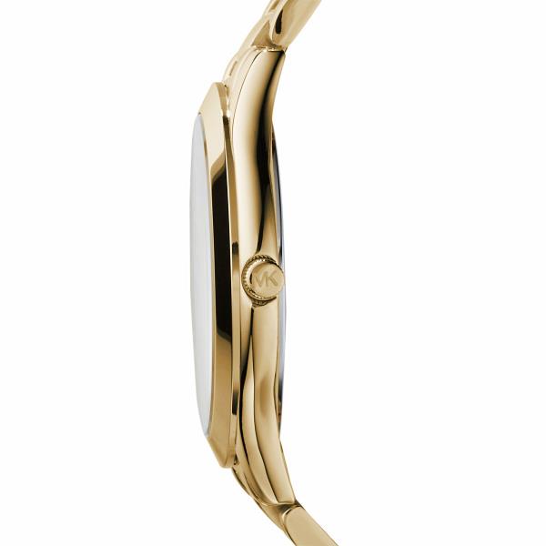Michael Kors Slim Runway MK3179 side profile view featuring the gold-tone case, polished finish, and logo-engraved crown