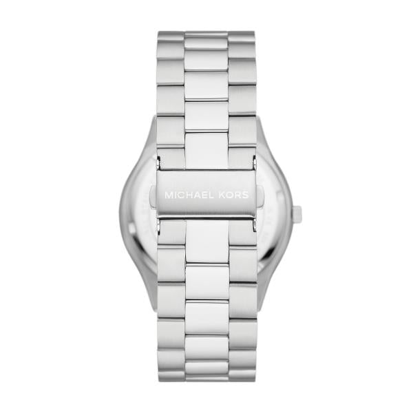 Michael Kors Slim Runway MK1060SET rear view displaying steel bracelet with logo engraved deployment clasp