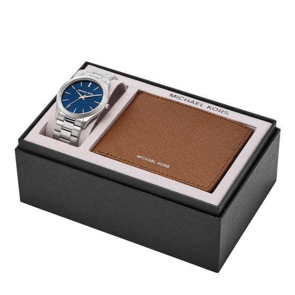 Michael Kors Slim Runway MK1060SET gift set box containing a blue dial men's watch and a saffiano leather wallet