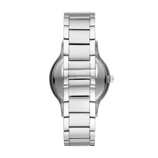 43mm steel quartz watch with silver link bracelet and round case, side crown