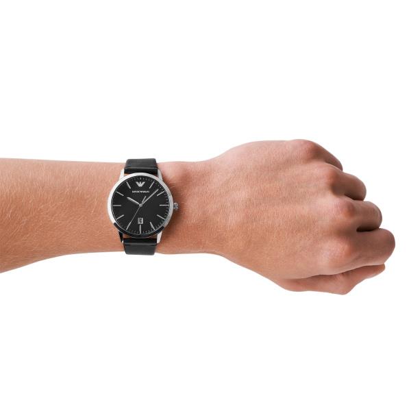 Emporio Armani Ruggero AR11193 mens timepiece with a black dial and black leather strap worn on a wrist