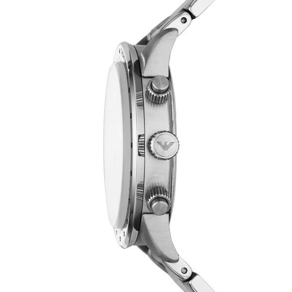 Side profile shot of the Emporio Armani Mario AR11241 steel watch case displaying the logo-engraved crown and pushers