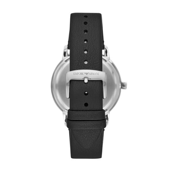 Mens quartz watch with black leather strap and stainless back case view