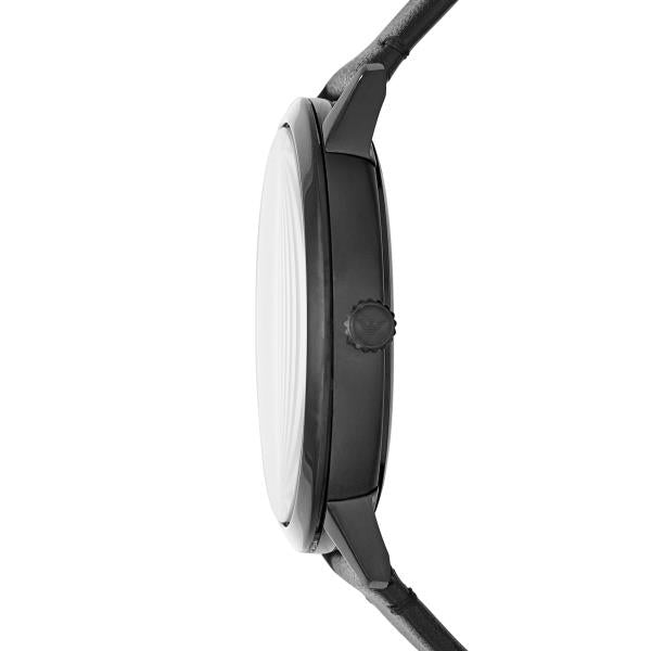 Men's quartz watch side view with black leather strap, crown, and black case