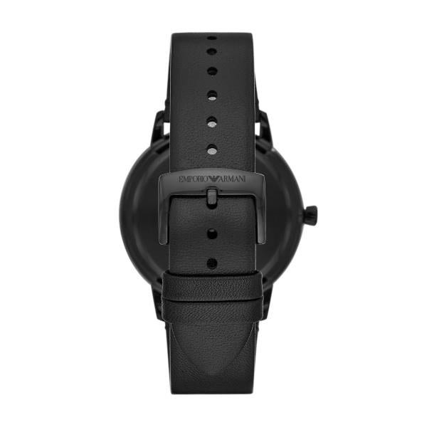 Men's quartz watch underside with black leather strap, pin buckle, and case branding