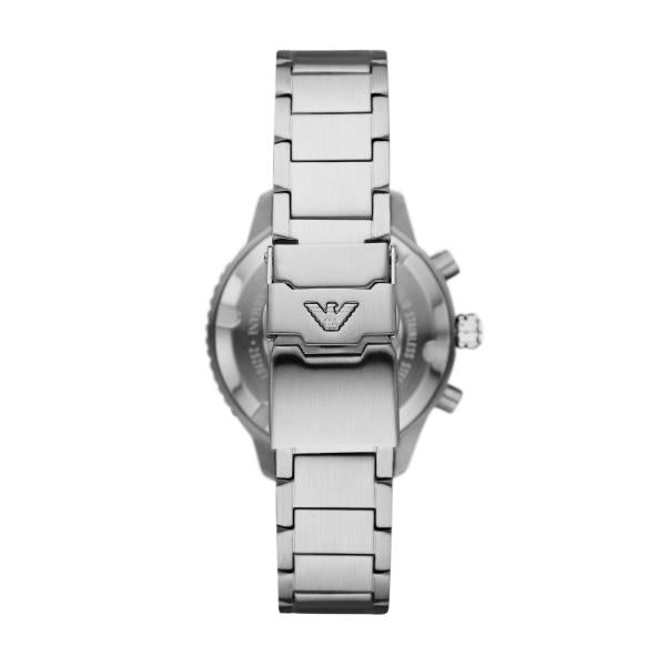Rear view of the Emporio Armani Diver AR11360 wristwatch featuring the engraved eagle logo on the stainless steel folding clasp