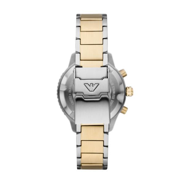 Back view of the Emporio Armani Diver AR11362 displaying the two-tone bracelet and branded clasp closure