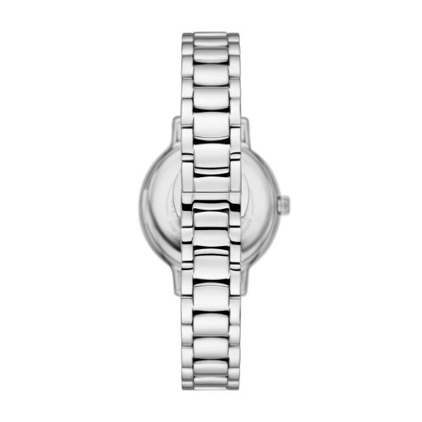 Stainless steel ladies wristwatch with linked bracelet and round case profile