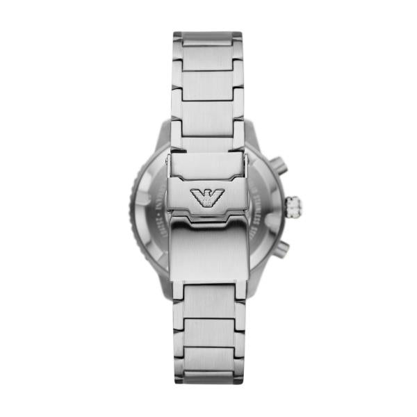 Emporio Armani Diver watch AR11500  caseback with metal bracelet and side buttons, brushed steel finish
