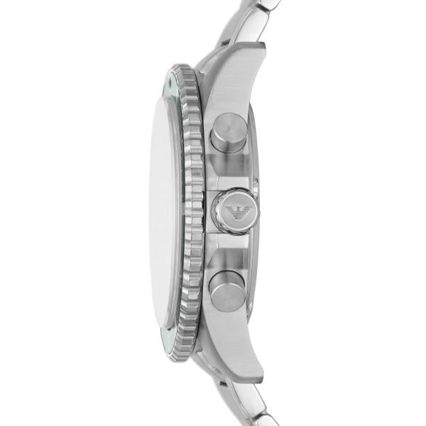 Emporio Armani Diver watch AR11500 side profile with stainless steel crown and chronograph pushers