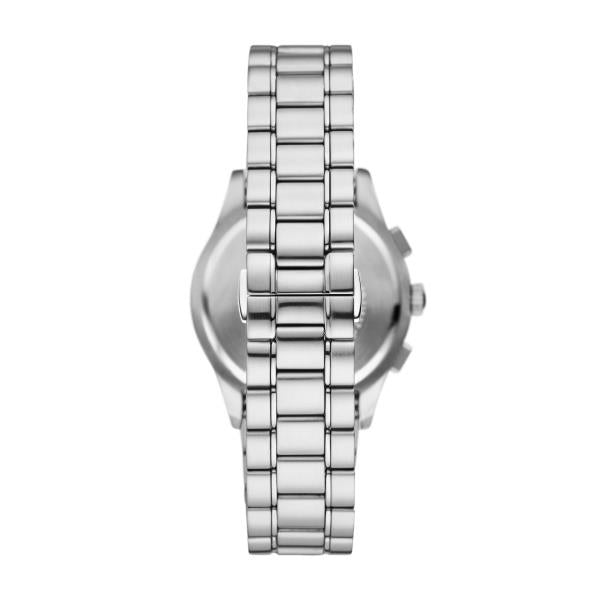 Silver-tone metal wristwatch with bracelet, side view showing crown and pushers