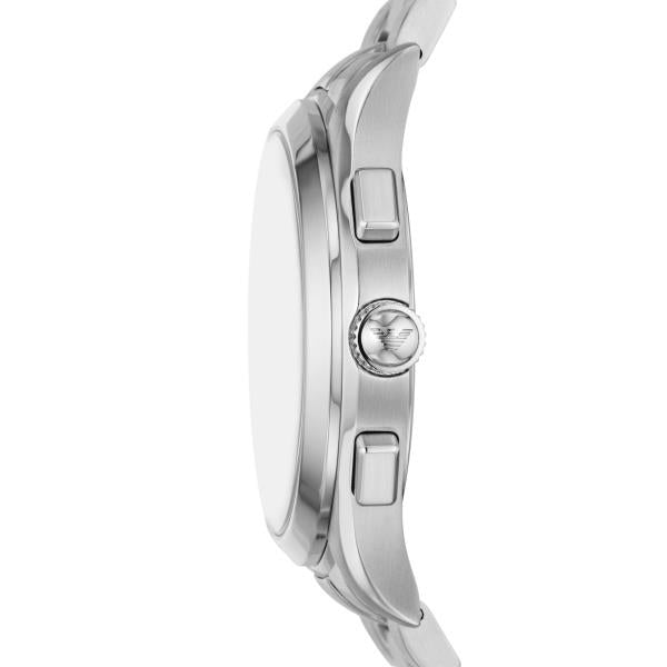 Silver-tone wristwatch case side view with crown and engraved back