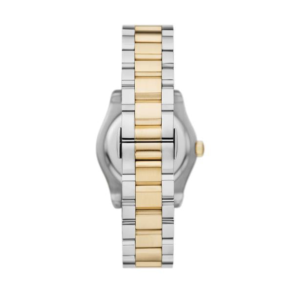 Two-tone steel quartz ladies watch with mother-of-pearl dial and gold accents, link bracelet