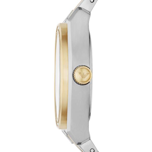 Side view two-tone steel quartz watch with gold crown, polished case and bracelet