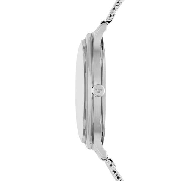 Stainless steel watch case with crown and link bracelet, side profile.