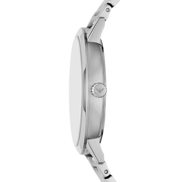 Men's steel quartz watch case side view with crown detail and metal bracelet.