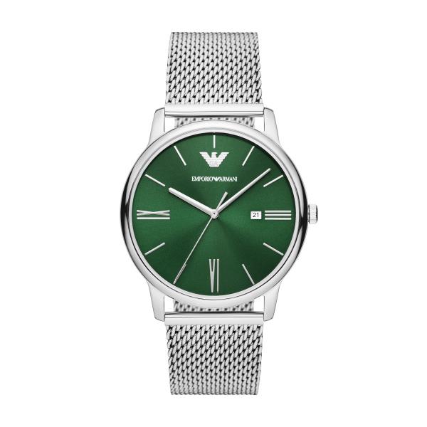 Men's Emporio Armani 42mm quartz watch with green dial and mesh steel bracelet