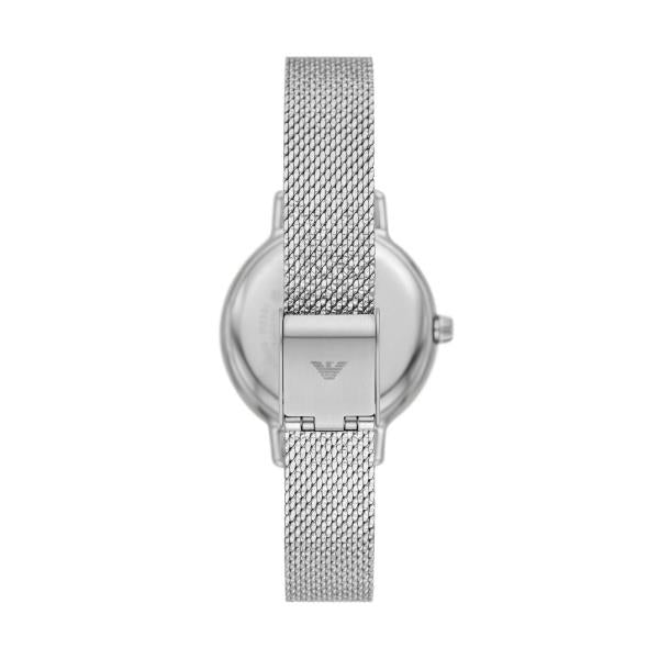 Ladies quartz wristwatch rear view with steel mesh bracelet and round silver case