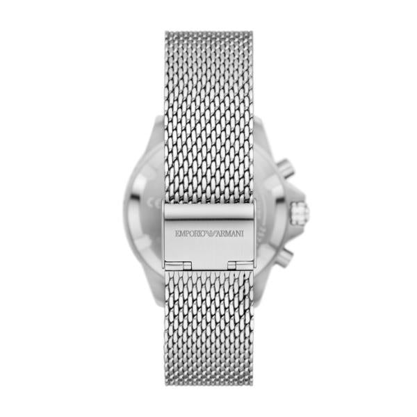 Men's Emporio Armani steel watch case back with engraved logo and mesh bracelet