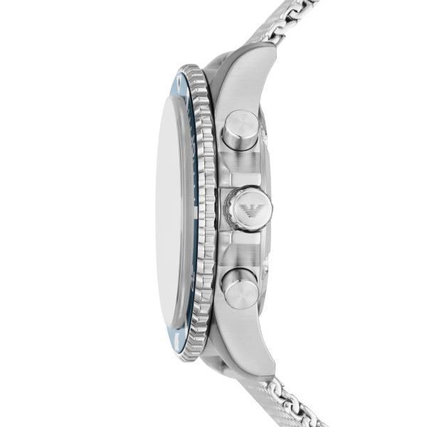 Men's steel chronograph watch side view with crown, pushers, and mesh bracelet