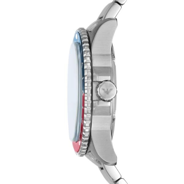 Emporio Armani Diver AR11590 side profile showing coin edge bezel and branded crown guard