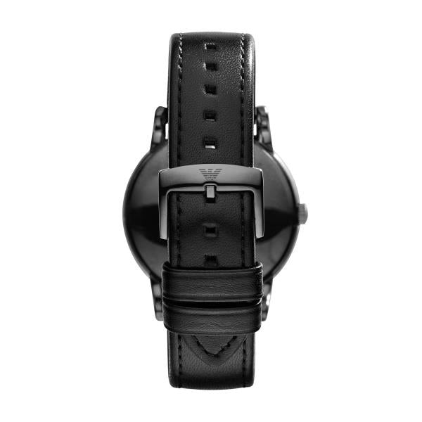 Men's Emporio Armani quartz watch back view with black leather strap and metal case sides