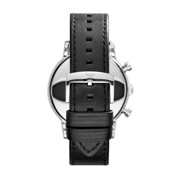Men's chronograph watch case with black leather strap and buckle, silver details