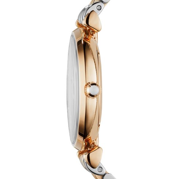Ladies wrist watch case profile with rose-gold inner case and steel link bracelet