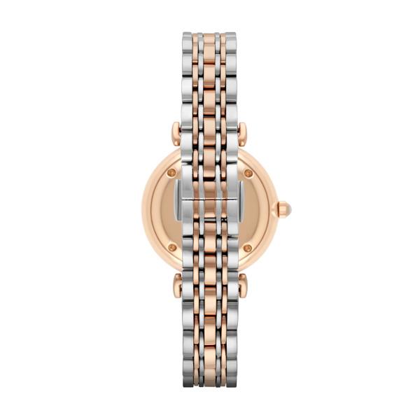 Two-tone steel quartz ladies watch with white dial and linked bracelet, rose-gold bezel