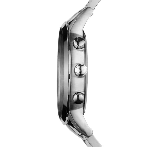 Emporio Armani Renato AR2448 side profile view showing signed crown detail and dual function pushers