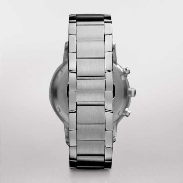 Stainless steel chronograph watch case side view with crown and linked bracelet