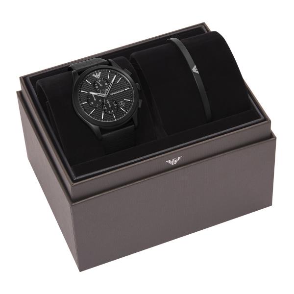 Watch gift set in box: black leather chronograph watch with matching bracelet