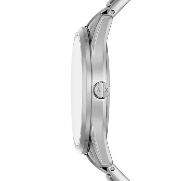Stainless steel chronograph watch side profile with crown and link bracelet