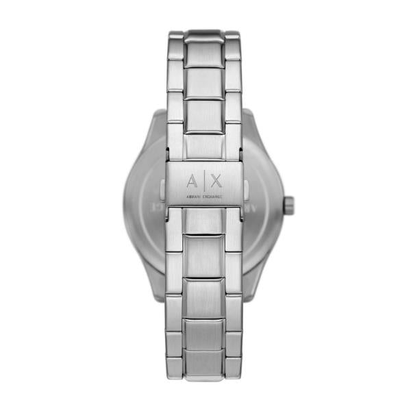 Stainless steel chronograph watch with black dial and metal bracelet, front view
