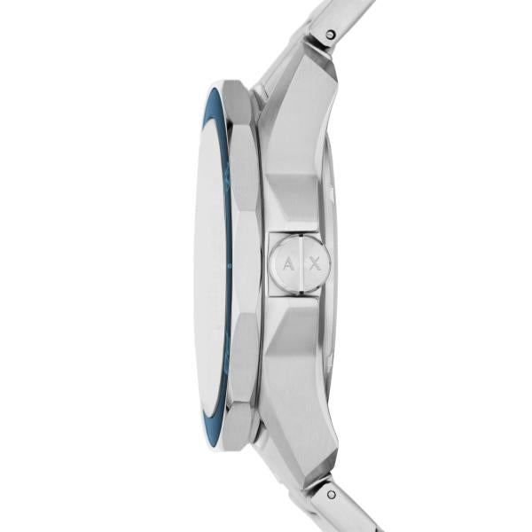 Men's Armani Exchange Spencer quartz watch side profile, steel case with blue accent