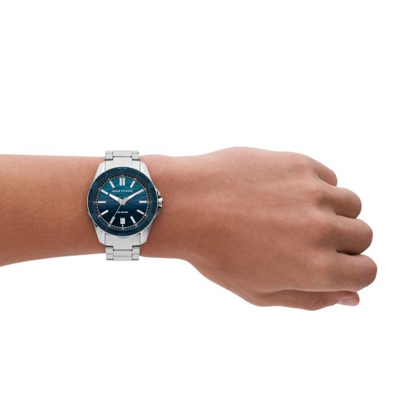 Men's Armani Exchange Spencer quartz watch on wrist, blue dial and steel bracelet