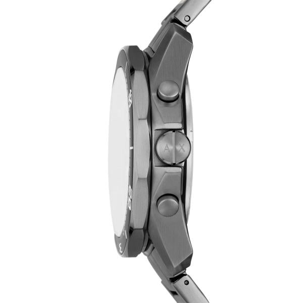 Men's chronograph quartz watch with black dial and steel bracelet, side view