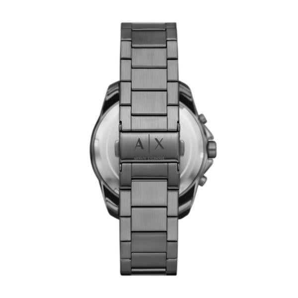 Men's chronograph quartz watch with black dial and steel link bracelet, front view
