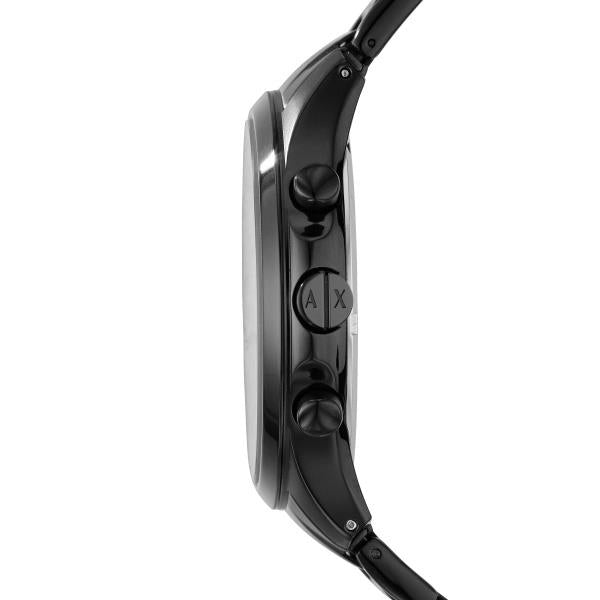 Black chronograph watch side view with crown and pushers, A|X case marking