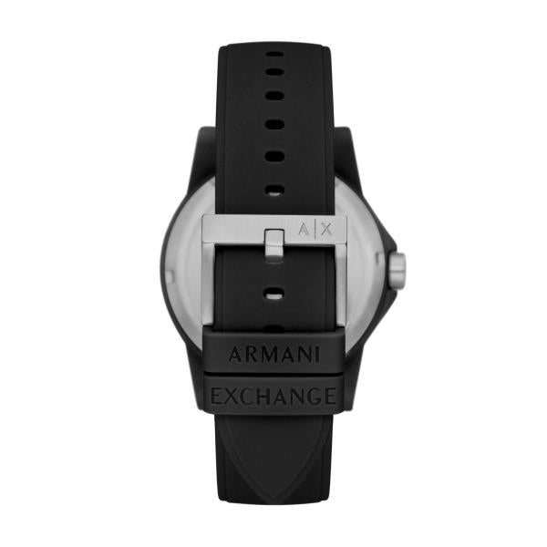 Armani Exchange men’s quartz watch with black silicone strap and engraved “ARMANI EXCHANGE” buckle.