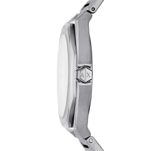 Armani Exchange ladies quartz watch, silver case with engraved AX logo on bezel