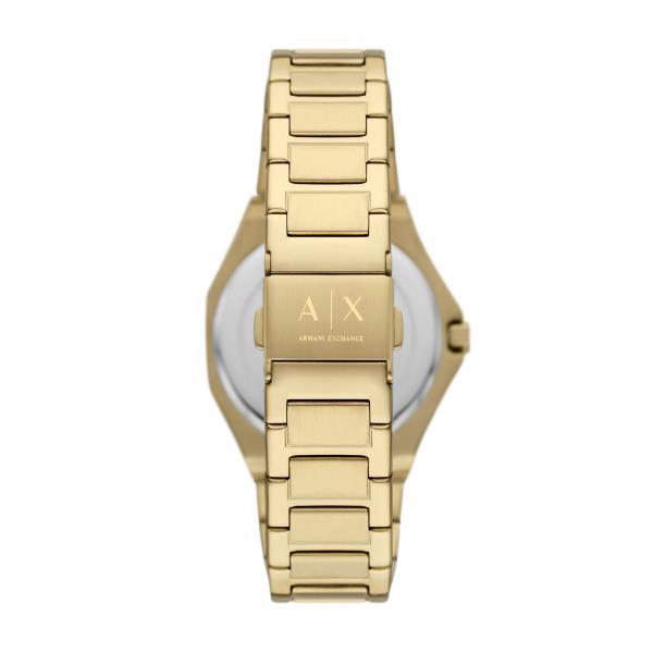 Gold-tone steel ladies quartz watch with AX logo on champagne dial, link bracelet