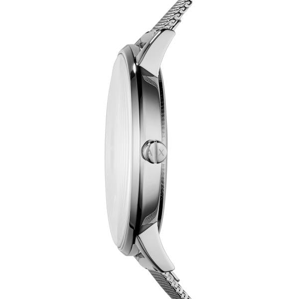 Round silver stainless steel watch case with crown detail and mesh bracelet, side view