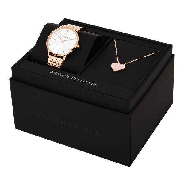 Armani Exchange gift box with rose-gold watch, white dial, heart pendant
