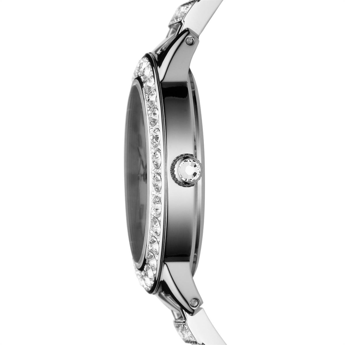 Side profile of the Fossil Jesse ES2362 watch detailing the polished steel case, crystal top ring, and adjustment crown