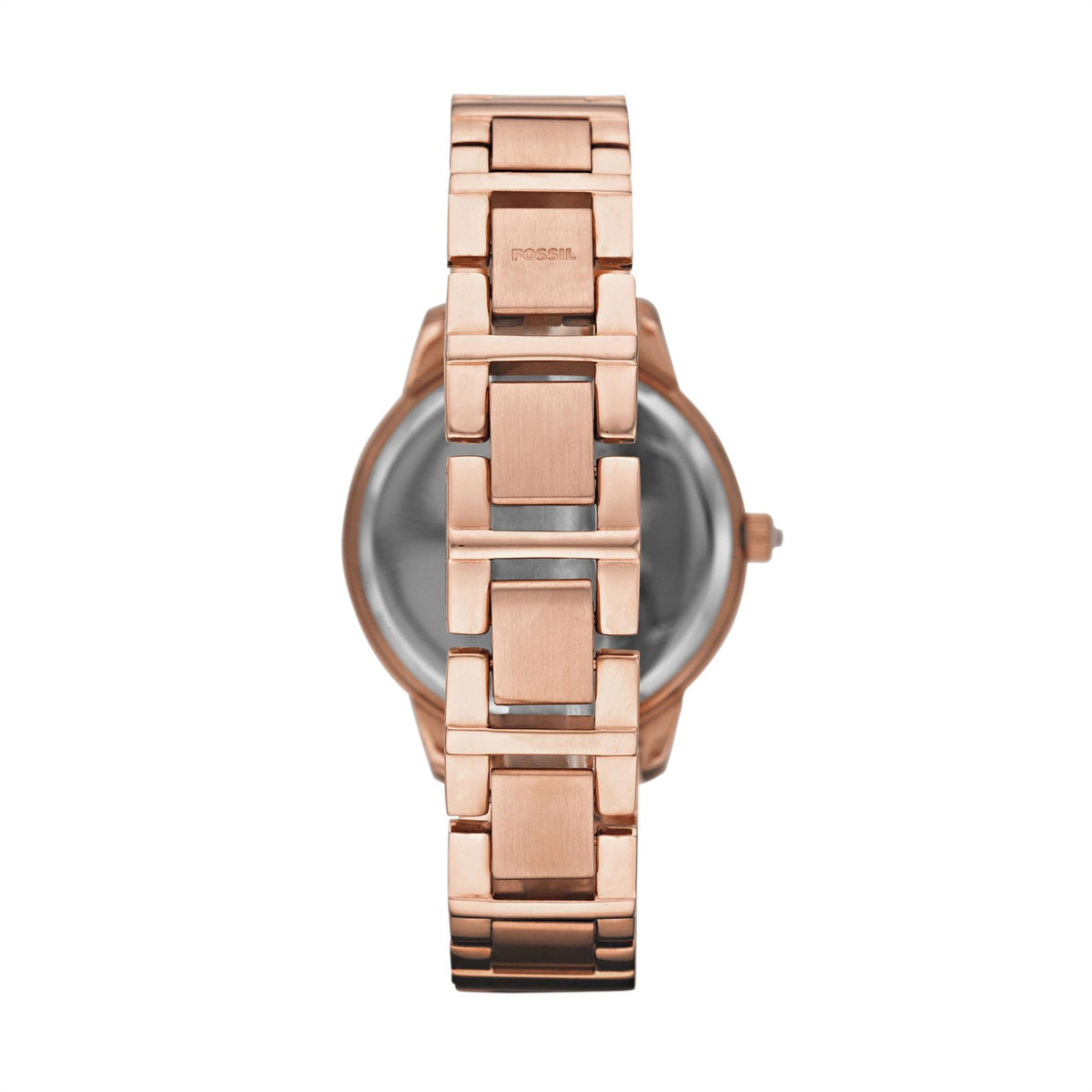 Rear view of the Fossil Jesse ES3020 quartz watch showing the rose gold-plated stainless steel bracelet, case back, and jewellery-style clasp