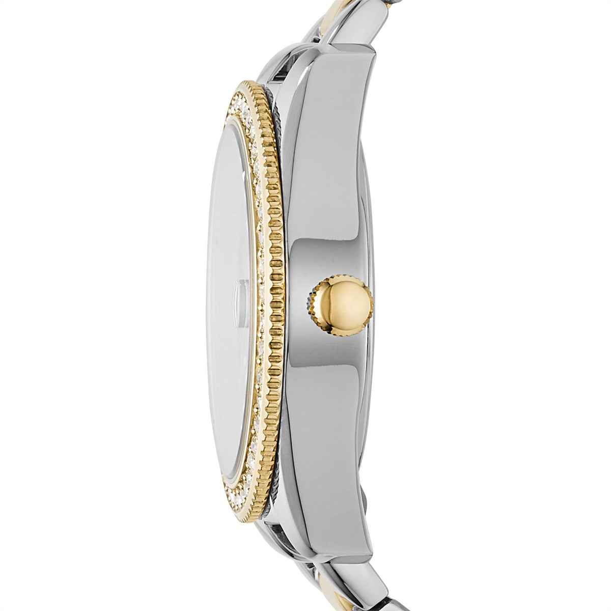 Side profile view of the Fossil Scarlette ES4319 timepiece highlighting the two-tone steel casing, gold crown, and crystal border